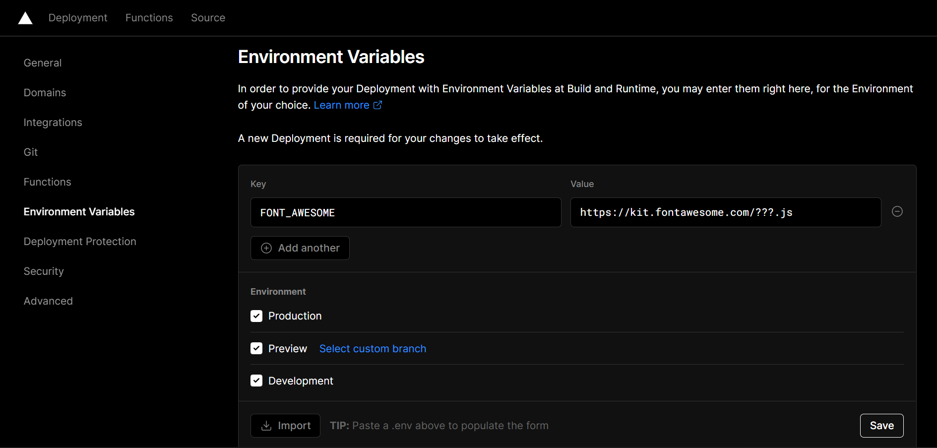 Environtment Setting Vercel